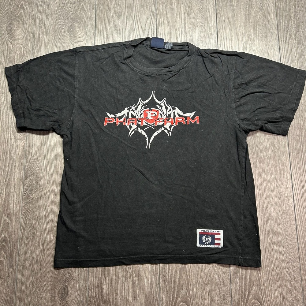 Vintage Phat Farm Y2K Graphic T-Shirt Mens Medium Black Tribal Logo Loungewear